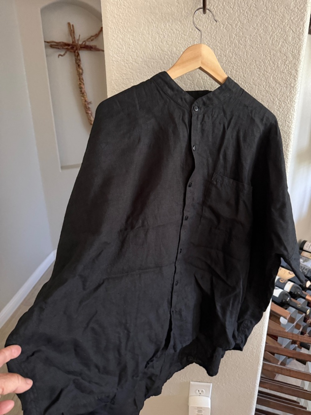 Women’s  Black Band Collar Linen short Sleeve Shirt